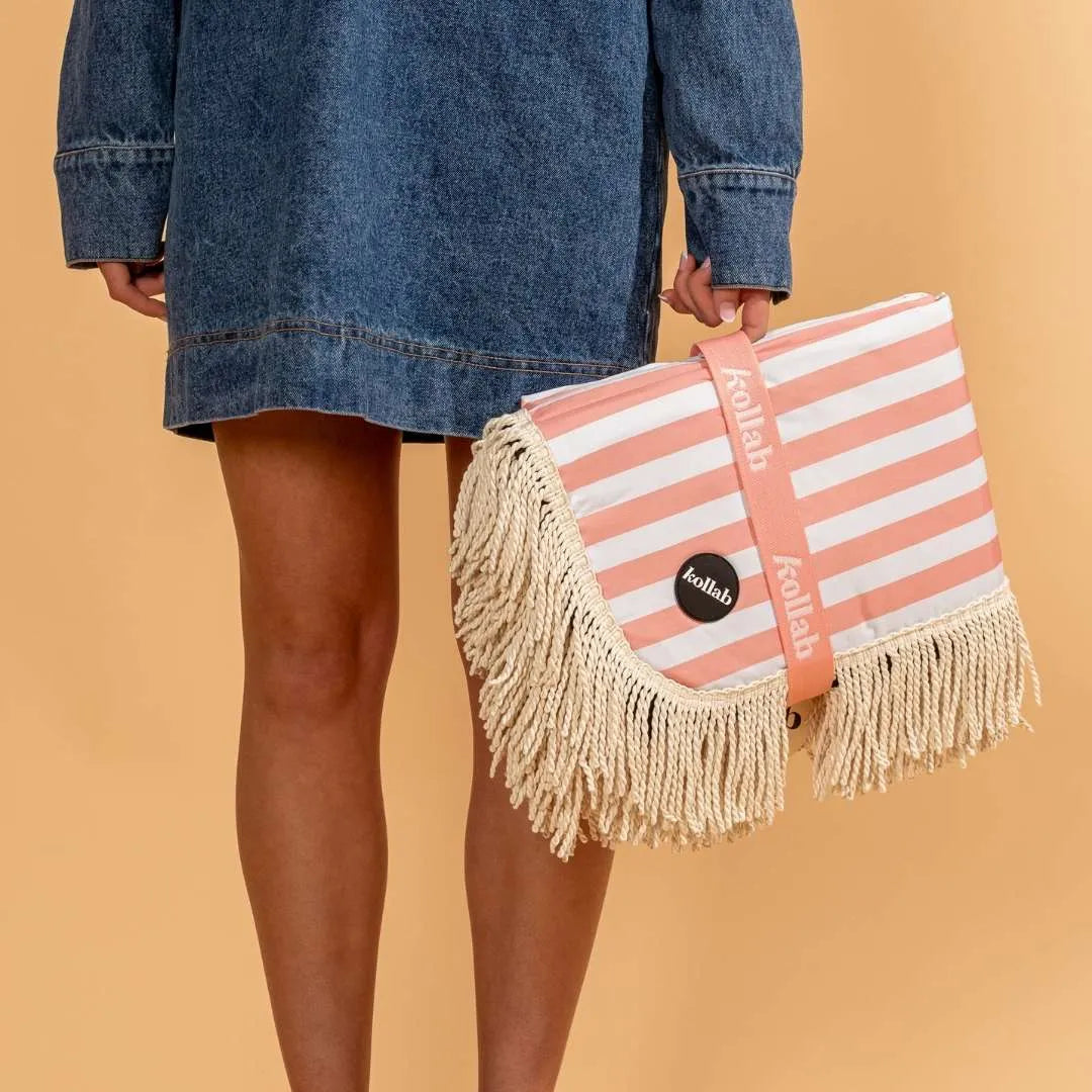 Fringed Medium Picnic Mat Coral Stripe